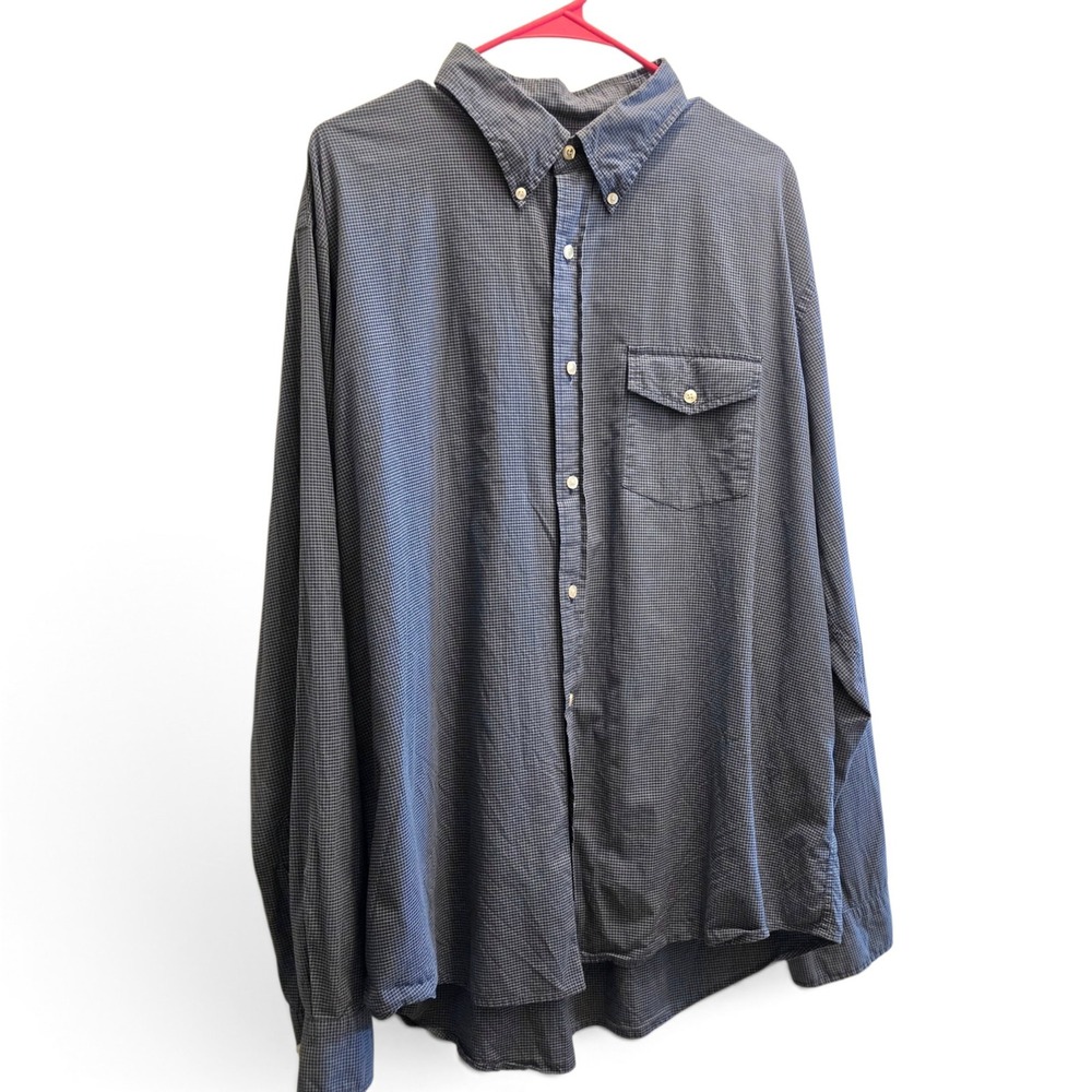 1990s Lands' End Micro Gingham Long Sleeve Button Down Shirt Men's XL navy white